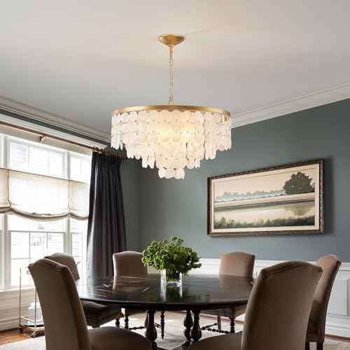 24" Capiz Shell Chandelier, 5 Light Gold Dining Room Light Fixture Modern Coastal Chandeliers for Bedroom Bathroom Kitchen and Foyer(White Seashell Lighting Fixtures)