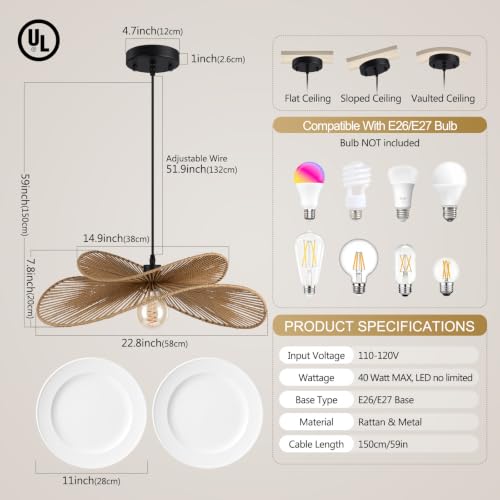 22.8" Large Boho Rattan Pendant Light (Natural)