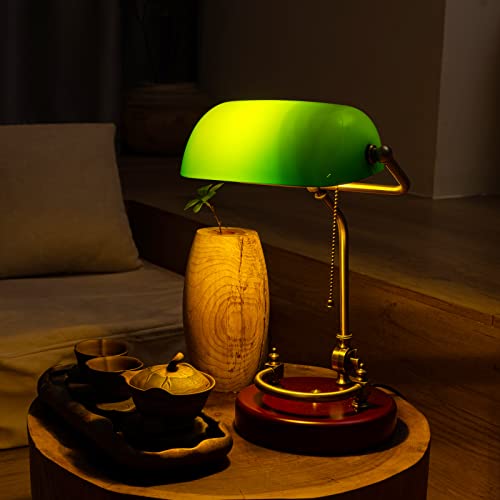 Bankers Lamp Traditional Green Glass Desk Lamp Solid Wood Pull Chain Switch