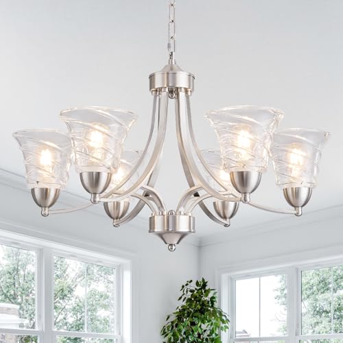 Modern Brushed Nickel Farmhouse Chandelier 6 Light Silver Chandeliers for Dining Room Adjustable Height Hanging Light Fixture with Clear Glass Shade
