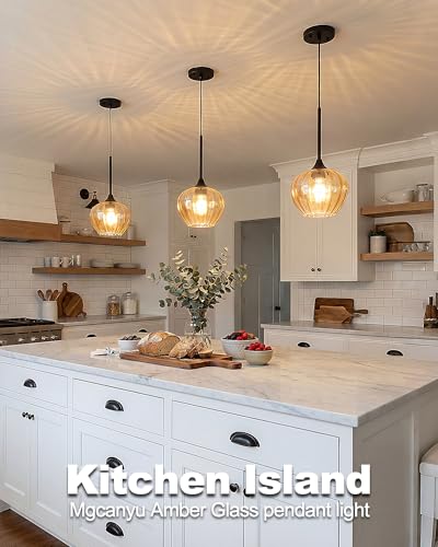 Amber Glass Pendant Lights Kitchen Island with Black Finish