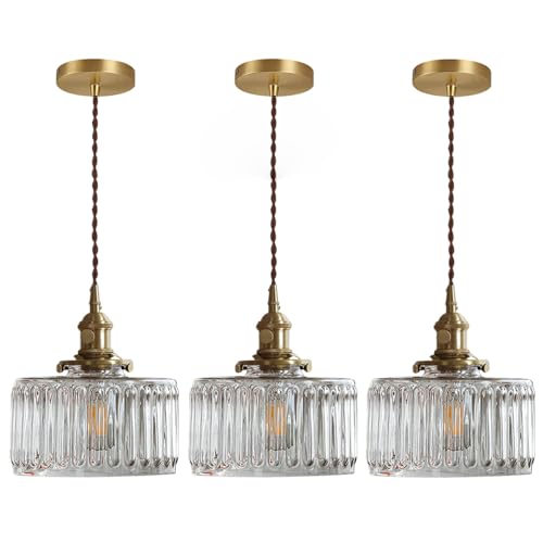 Glass Hanging Lights Kitchen Island Brushed Gold Ceiling Pendant Light Clear Round Light Fixture Striped Glass Shade Vintage Modern Pendant Lighting Chandelier Farmhouse Dining Room