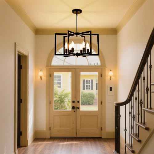Matte Black Modern Chandelier 6-Light, Geometric Pendant Light Fixture with E12 Candelabra Base (Bulbs NOT Included), Open Frame Hanging Lighting for Dining Room, Kitchen Island, Foyer and Living Room