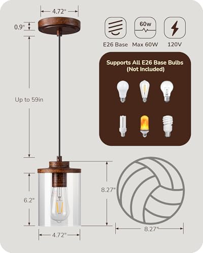 Farmhouse Pendant Light Wood Grain Finish Clear Glass Shade