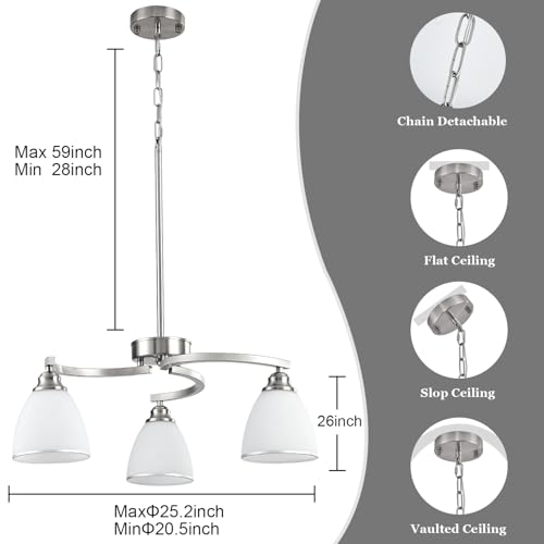 3 Lights Brushed Nickel Farmhouse Chandelier Retractable Kitchen Island Light with Milk White Frosted Glass Max 59" Height Adjustable Silver Hanging Ceiling Light for Dining Room Living Room Entry