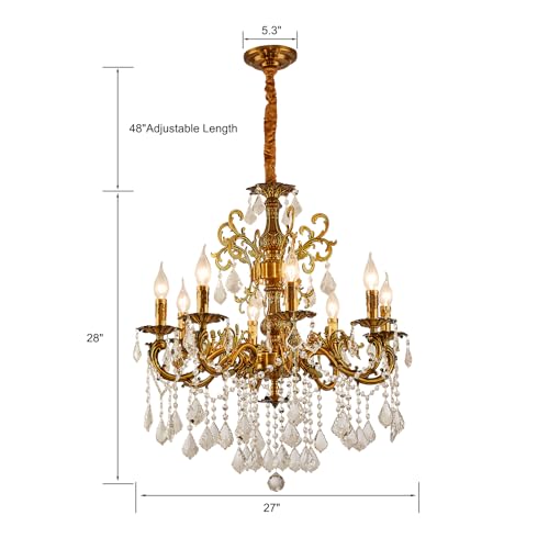 Vintage 8 Arms Crystal Chandelier Candle Light Fixture for Dining Room Living Room Bedroom Hallway Entryway Antique Gold Finish