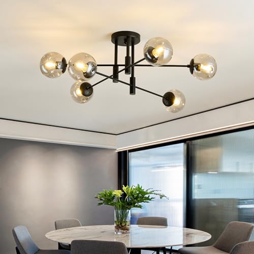6 Light Glass Globe Sputnik Light Fixture Modern Matte Black Chandelier Semi Flush Mount Ceiling lamp for Living Room Kitchen Dining Room Farmhouse Bedroom