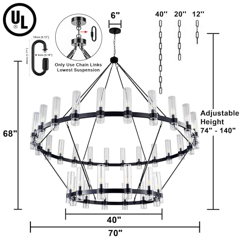 70 Inch Black Wagon Wheel Chandelier 2 Tier with Glass Shade