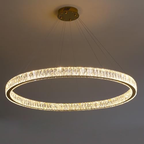 Modern Large Gold Ring Chandelier Dimmable LED 47.5in Adjustable Gold Crystal Ring Pendant Light Fixtures for Dining Room Living Room