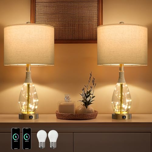 23" Table Lamps for Living Room Set of 2 Bedside Lamps for Night Stands Bedroom Lamps Farmhouse Rattan Boho Lamp Glass Nightlight End Table Lamp with USB C+A (2 Count)