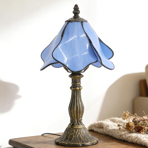 Small Tiffany Table Lamp Blue Morning Glory Style W8H14.5 Inch