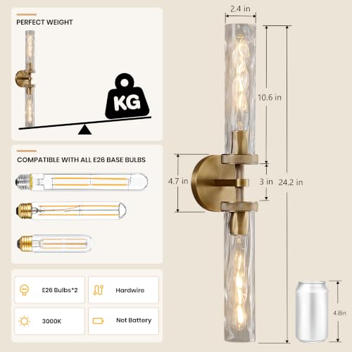 Bathroom Sconce 24in Brass Sconce with Water Ripple Glass