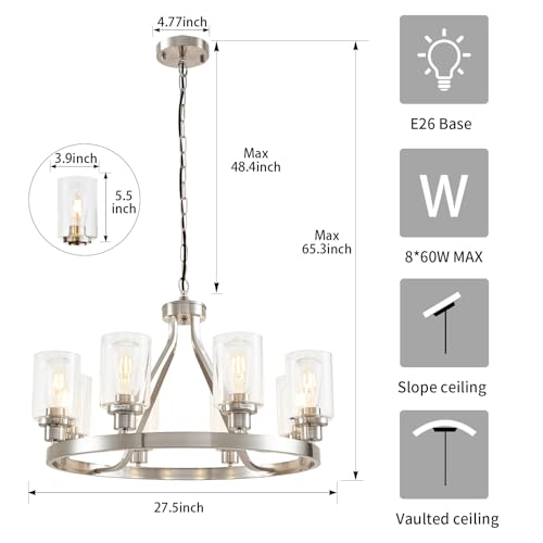 8 Light Modern Chandeliers for Dining Room Light Fixture Brushed Nickel Kitchen Chandelier Ceiling Hanging Pendant Lighting with Glass Shade for Living Room Entryway Adjustable Height E26