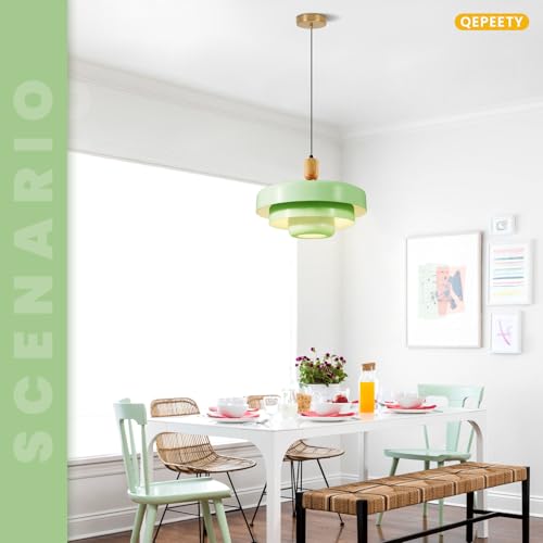 Mint Green Pendant Light with Solid Wood Adjustable Hanging Light