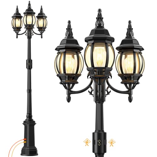 97" 3 Head Motion Sensor Outdoor Post Lights with GFCI Outlet