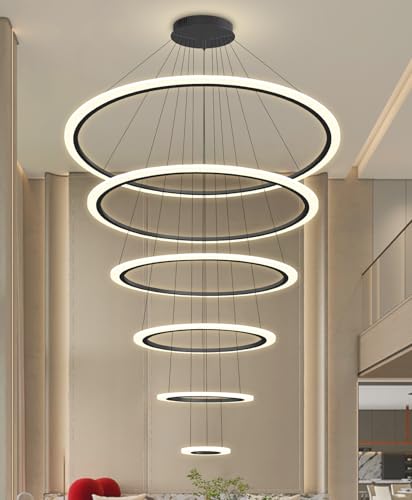 Modern LED Dimmable Chandelier 6 Ring High Ceiling Large Chandelier for Living Room Hanging Light Fixture for Foyer Staircase Black