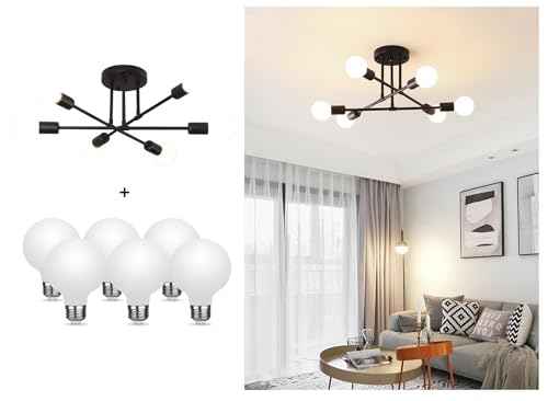 Modern Sputnik Chandelier, 6-Light Ceiling Light, 6 LED Light Bulbs Inlcuded for Bedroom,Dining Room,Kitchen,Office (Black)