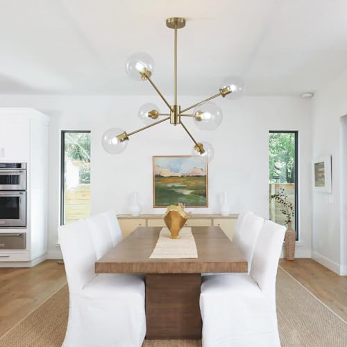 6 Lights Mid Century Modern Clear Glass Globe Sputnik Chandelier Brushed Gold Sputnik Light Fixture Vintage Large Brass Pendant Lights Kitchen Island Farmhouse Living Dining Room Ball Chandelier