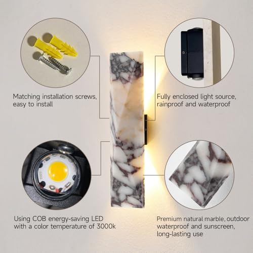 2 Pack 12.6in Natural Alabaster Marble Wall Sconce LED Waterproof Outdoor Indoor Wall Lamp Nordic Up Down Light Fixture Hardwired Metal Base 18W 3000K Universal Voltage for Porch Bedroom Living Room