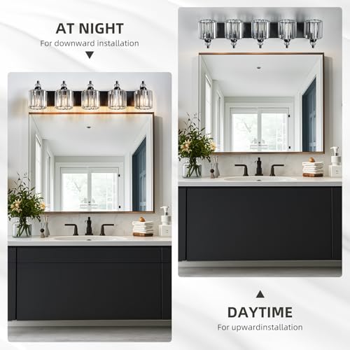 5 Light Black Bathroom Light Fixtures Over Mirror Modern Vanity Lights Crystal Wall Sconce Vintage Bathroom Lighting with Crystal Shade E26 Base for Bedroom