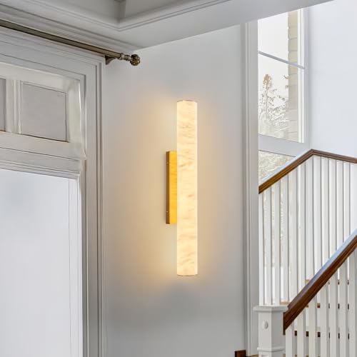 Natural Alabaster Wall Sconces Spanish Marble Wall Light Cylinder Modern Gold LED Sconce for Living Room Bedroom Bathroom Stairs（M