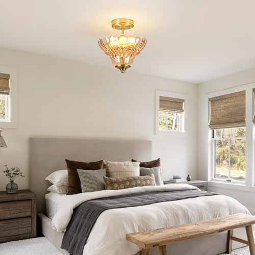 Vintage Gold Semi Flush Mount Light with Floral Amber Shade (Gold and Amber)