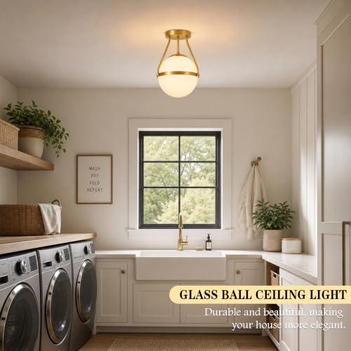 10" Modern Semi Flush Mount Ceiling Light Fixture Mid Century Ceiling Light Globe Ceiling Light Fixture with Milk Glass Shade Brass Finish for Kitchen Island Hallway Living Room