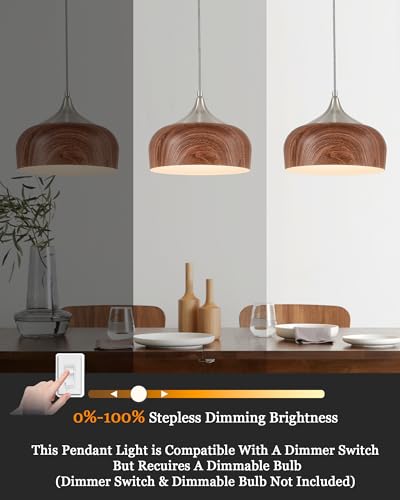 Bauhaus Pendant Light Wooden Pattern Dome Pendant Light Fixture Brushed Nickel Metal Modern Adjustable Hanging Lighting for Kitchen Island Dining Room Office Hallway Foyer Bedroom