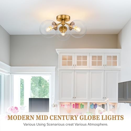 3 Light Modern Gold Semi Flush Mount Ceiling Lights Clear Glass Globe Ceiling Lights Mid Century Brass Chandelier Modern Sputnik Ceilings Light Fixture for Bedroom Hallway Entryway Living Room