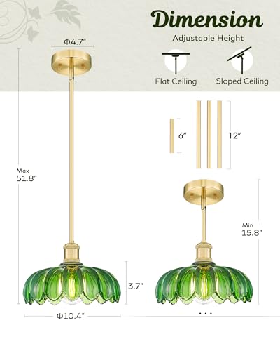 2 Pack Vintage Flower Green Glass Pendant Lights Kitchen Island (2 Count)