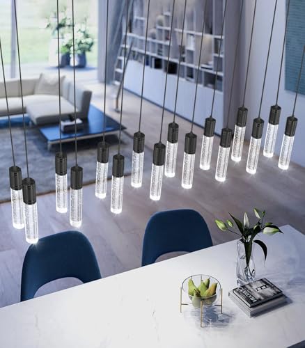 16 Lights Modern Crystal Rectangular Chandeliers LED Pendant Light for Kitchen Island High Ceiling Chandelier for Dining Room Entrance Foyer Living Room Black