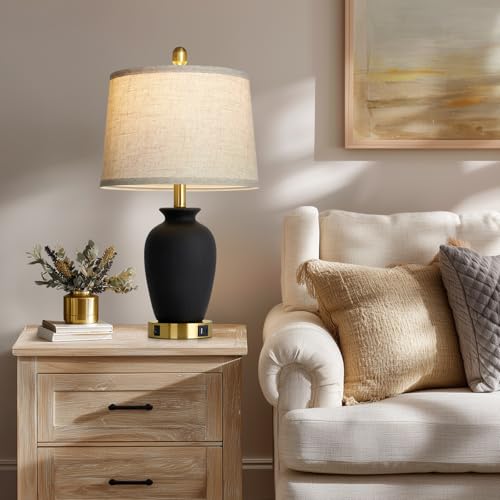 23" Set of 2 Black Ceramic Farmhouse Table Lamp with Ginger Jar Design (2 Count)
