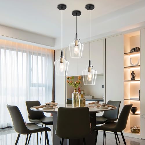 Glass Pendant Lighting for Kitchen Island 2 Pack Black Gold Clear 8 Inch (2 Count)