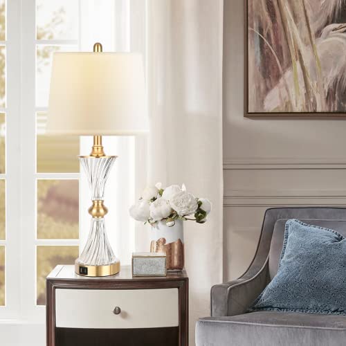 Touch Table Lamps for Bedroom Set of 2 Modern Living Room 3 Way Dimmable Gold Glass Bedside Nightstand Lamp for End Table with 2 USB Charging Port