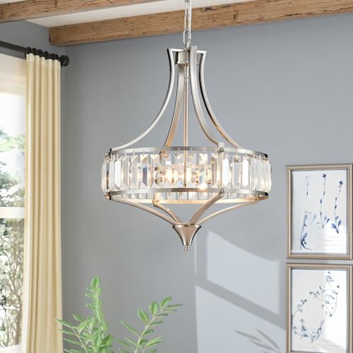 Crystal Chandeliers for Dining Room 15.7" Round Rustic Farmhouse Hanging Pendant Lighting Fixture Modern Brushed Nickel Chandelier Metal Shade 4