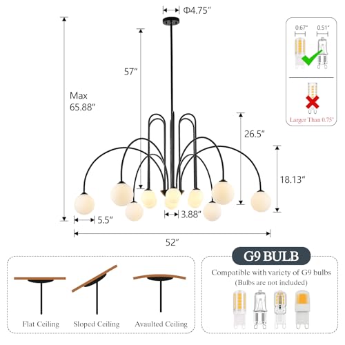 12 Light Large Black Sputnik Chandelier L52’’ Large Mid Century Pendant Light Fixture with Milk Glass Globe Shades Luxury Foyer Chandelier for High Ceiling Staircase Living Room Dining Room