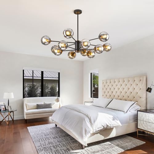 12 Globe Glass Bubble Black and Gold Modern 2 Tiered Sputnik Chandelier