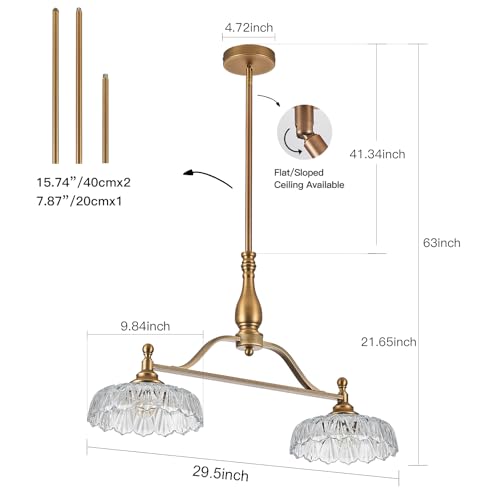 Chandeliers Pendant Light Fixture Vintage Pendant Lighting Fixtures 2 Lights Chandelier Matte Brass Kitchen Glass Hanging Lamp for Island Dining Room Living Room