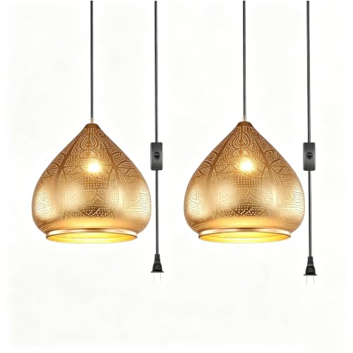 2 Pack Gold Pendant Light Moroccan Hanging Ceiling Lamp Plug in