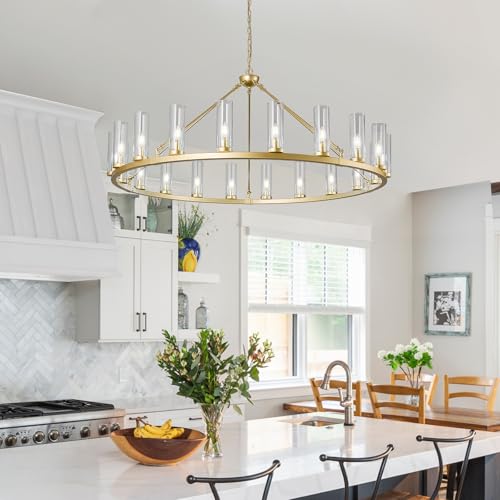 20 Light Large Wagon Wheel Chandelier with Clear Glass Shade Gold Round Pendant Light Farmhouse Industrial Chandeliers Dining Room Light Fixture for Stair Living Room Foyer Kitchen