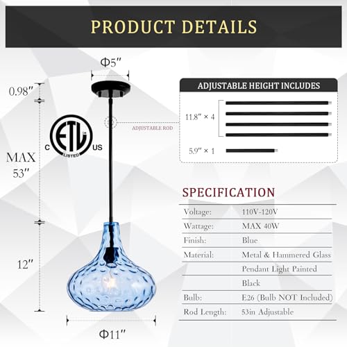 11" Blue Hammered Glass Pendant Light