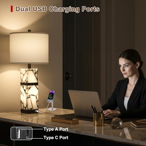 27" Alabaster Table Lamp Set of 2 with Night Light for Living Room (2 Count)
