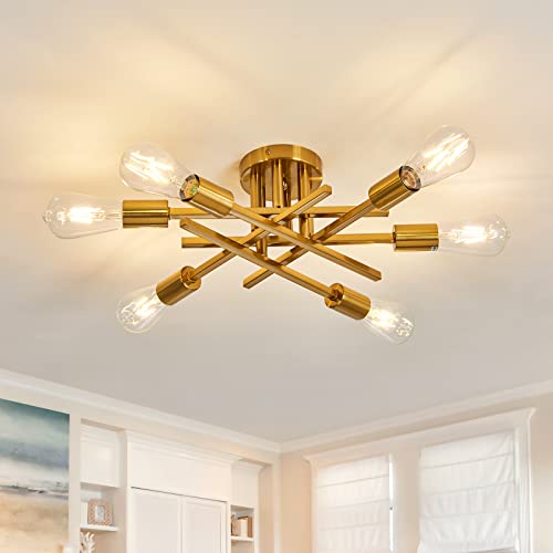6 Lights Semi Flush Mount Ceiling Light Fixture Gold Modern Matte Sputnik Chandelier Vintage Ceiling Lamp Farmhouse for Kitchen Bedroom Dining Room Living Room with E26 Bulb Base