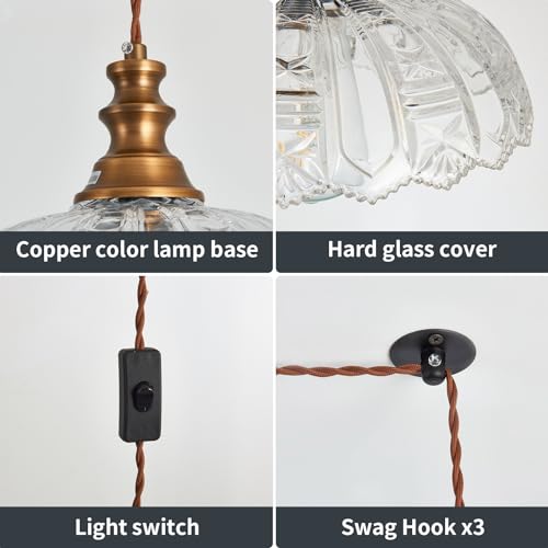 Plug in Pendant Light Industrial Pendant Lighting with Plug in Cord 9.8ft Hanging Lamps Clear Glass Shade ‎Bronze Light Fixture for Living Room Kitchen Dining Room Bedroom