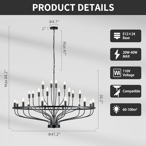 47.2" Large Black Chandelier Light Fixture