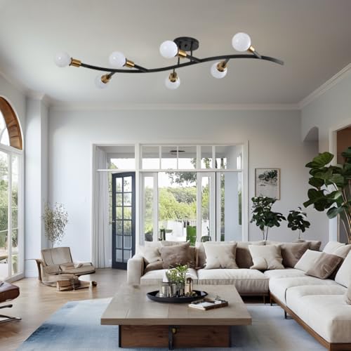 Black and Gold Modern Sputnik Semi Flush Mount Ceiling Light Fixture 7