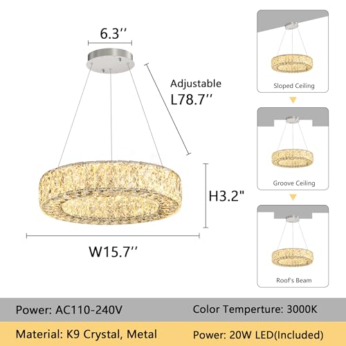 16 Inch Chandelier Glam Dimmable LED Crystal Chandeliers Luxury Round Pendant Lighting Fixtures for Dining Room Bedrooms Silver