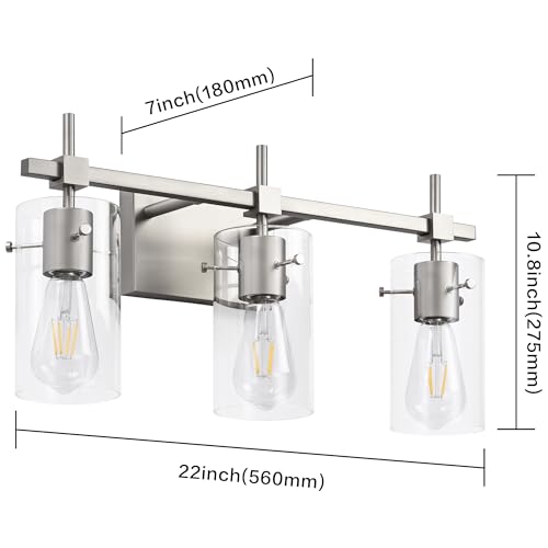3 Lights Vanity Light Bathroom Light Fixture Over Mirror for Bathroom Glass Shade Lights Brushed Nickel Vintage Lighting Fixture (3 Count)