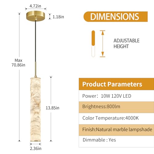 Natural Alabaster Pendant Lights for Kitchen Island White Marble Long Tube Chandelier 4000K Modern Gold Ceiling Light Fixtures for Bedroom Dining Room Table Living Room Hallway (3 Count)