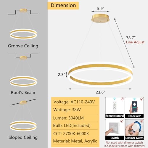 D23.6'' Modern Ring Chandelier for Dining Room LED Dimmable Pendant Lighting High Ceiling Chandelier for Living Room Foyer Bedroom Entryway 3000K